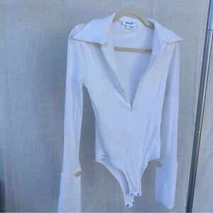 The Line by K White Kili Ribbed Long Sleeve Zip Front Collar Bodysuit Medium